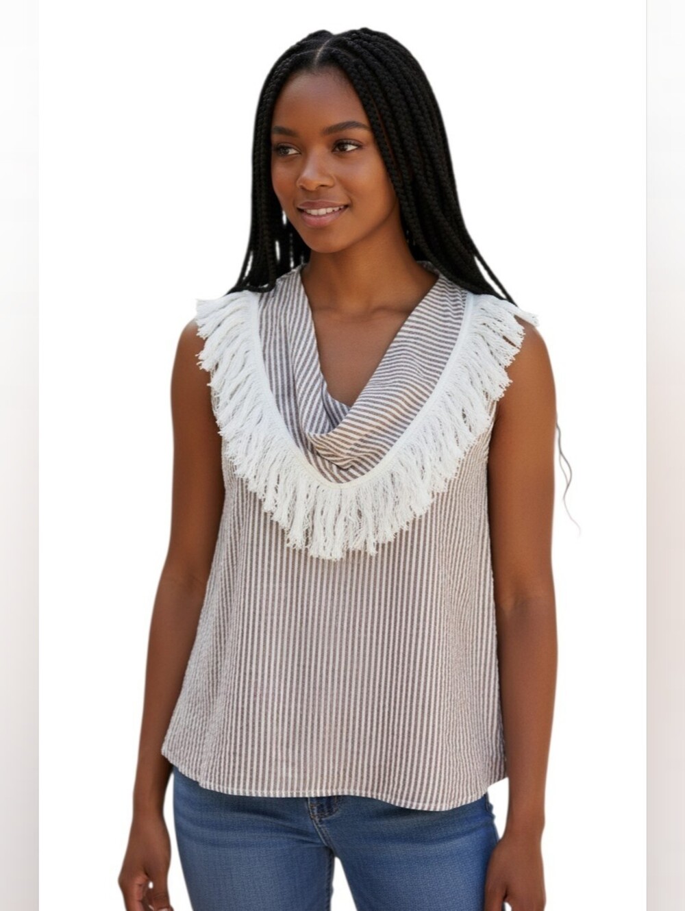Line + Dot Striped Cowlneck Fringe Top Brown Small